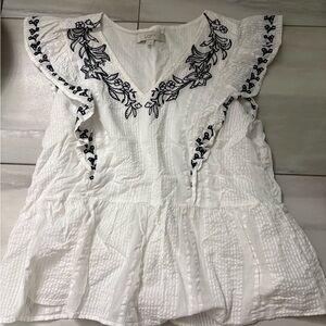 LOFT White and Black Embroidered Blouse